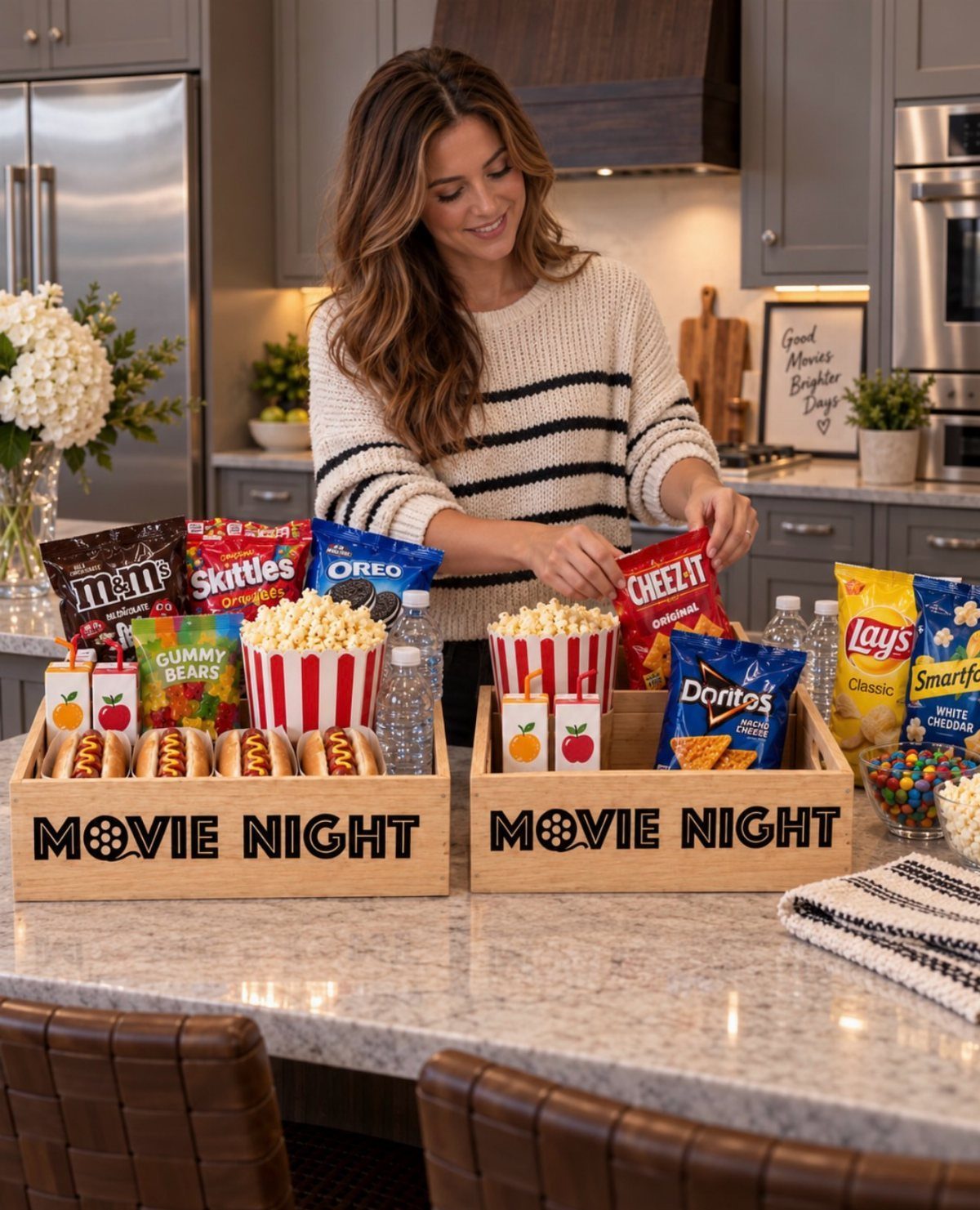 Woman arranging movie snacks and popcorn in wooden movie night gift crates.