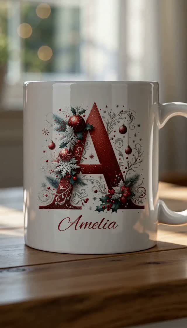 White ceramic mug with a festive red letter A and the name Amelia.
