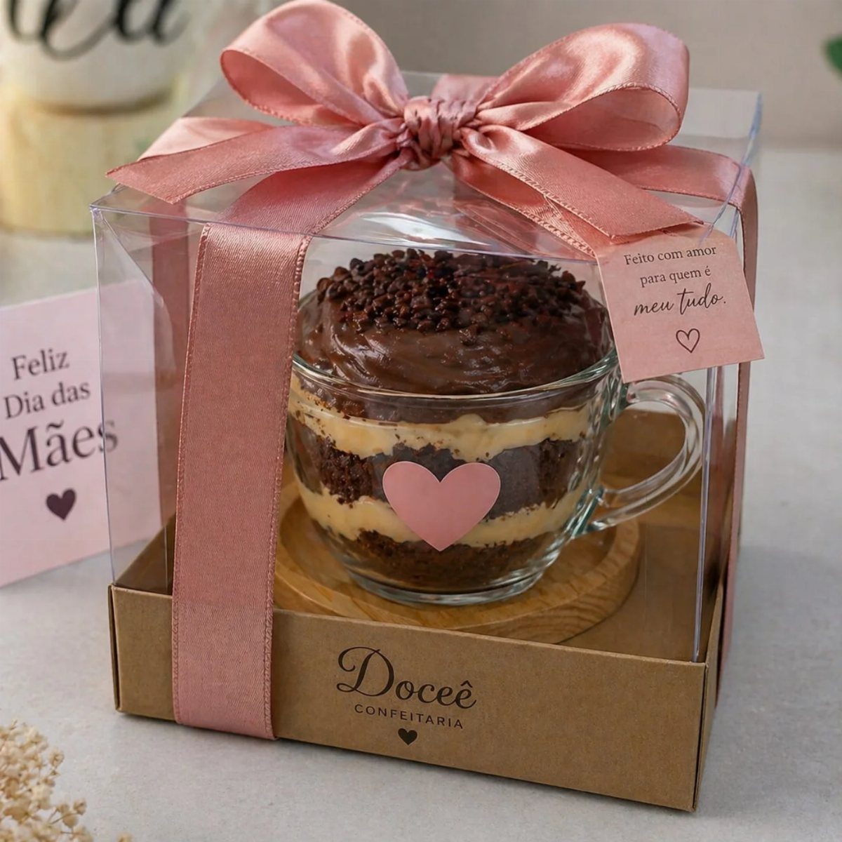 Layered chocolate cake in a glass mug inside a gift box with pink bow