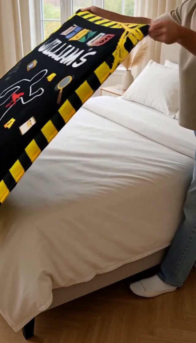 Personalized black and yellow blanket with name being placed on a white bed
