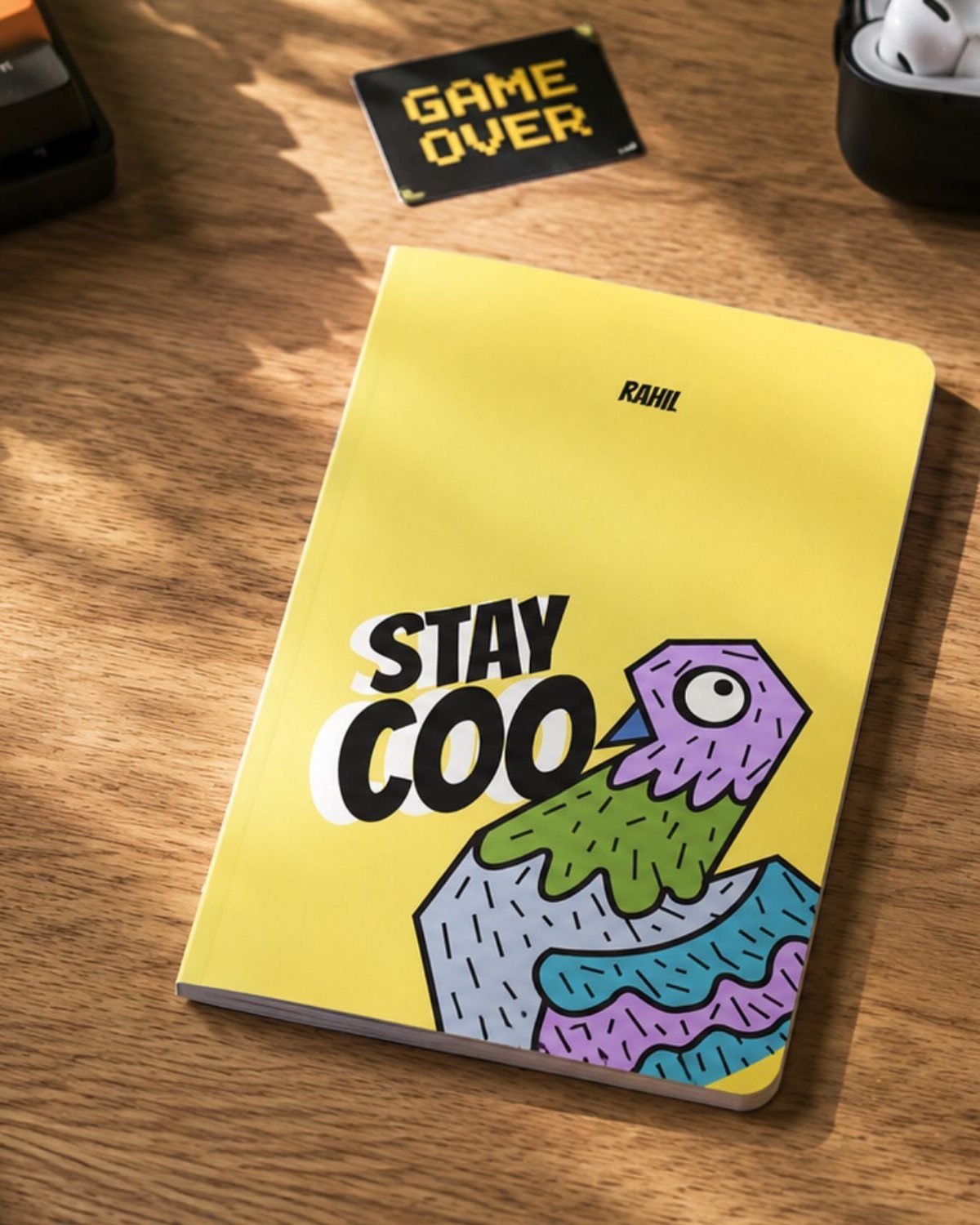 Yellow personalized notepad with a colorful bird illustration and name on wooden table