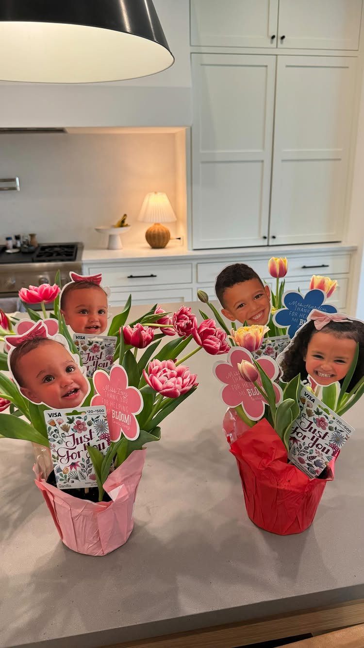 Flower bouquets with cutout photos of children's faces as personalized teacher gifts.