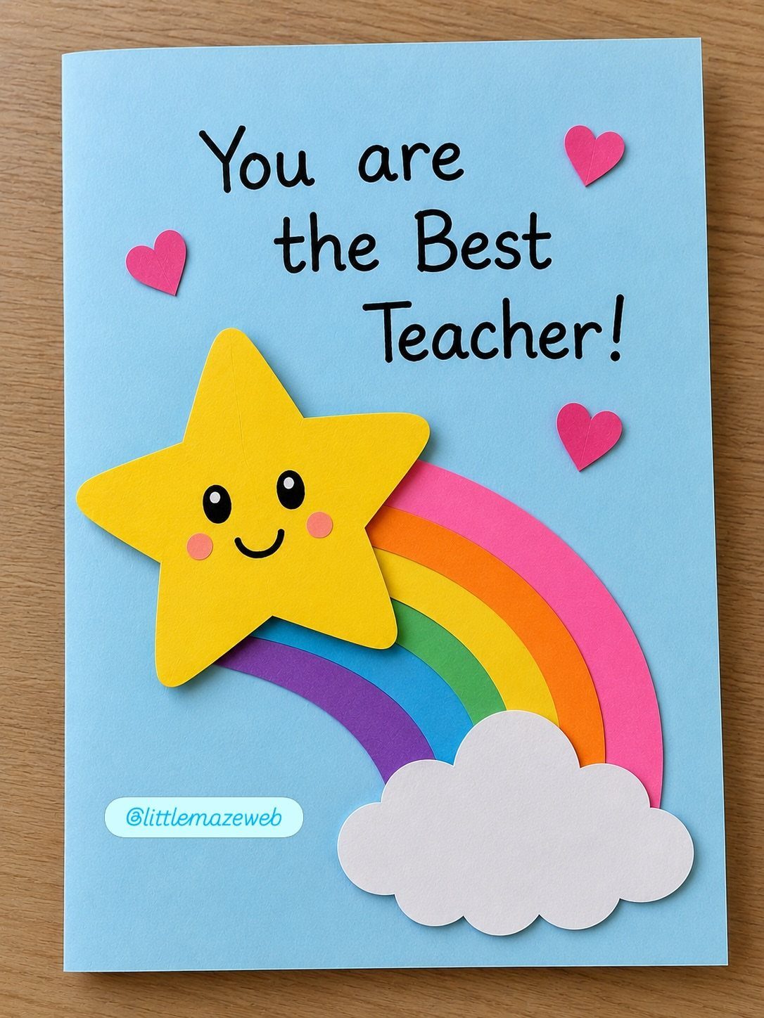 Blue teacher appreciation card with a smiling yellow star and colorful rainbow.