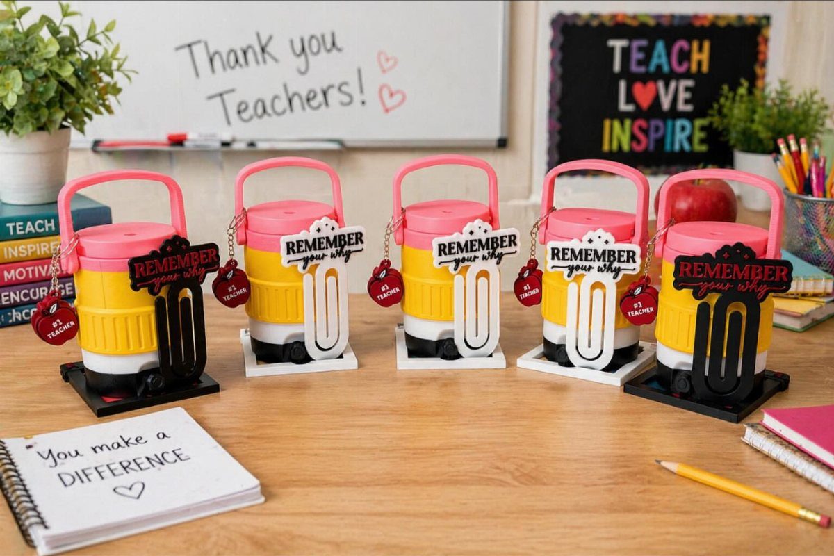 Five yellow pencil-shaped gift containers on a desk with teacher-themed background decorations.