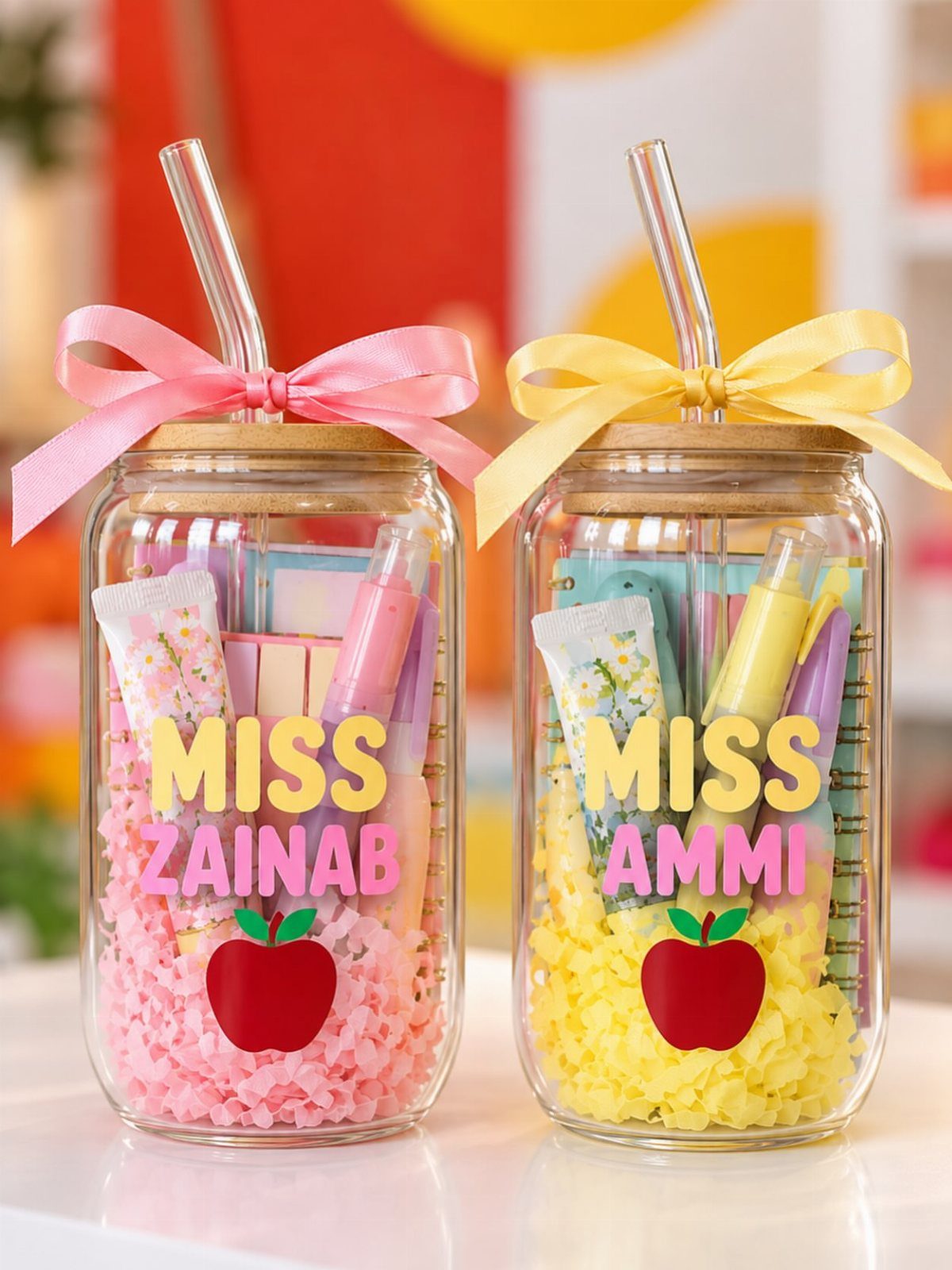 Two personalized glass jars filled with stationery and colorful shredded paper for teachers.