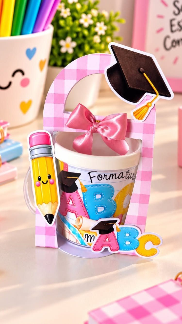 Pink checkered gift holder with a graduation cap and colorful ABC letters