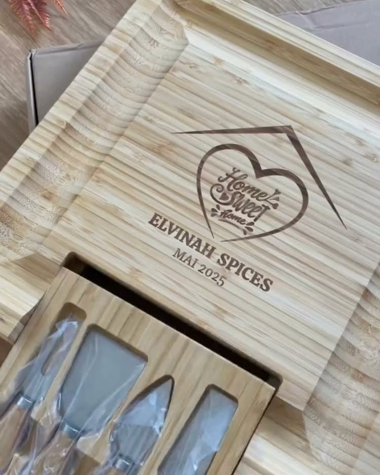 Engraved wooden kitchen utensil set with Home Sweet Home heart design on lid
