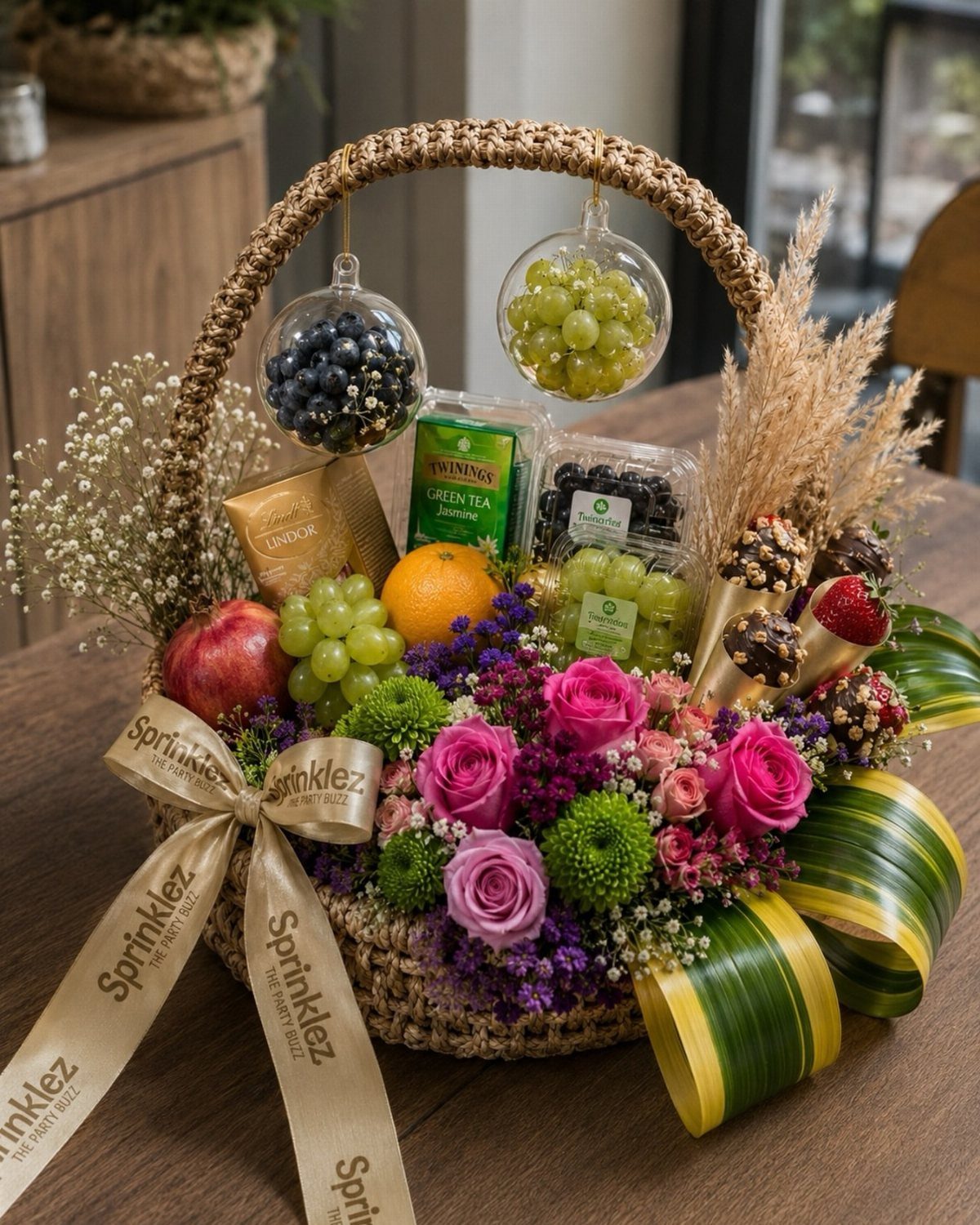 Woven gift basket filled with fresh fruit, colorful flowers, and gourmet treats.