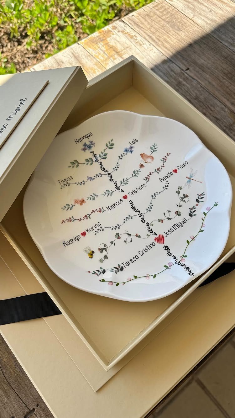 White ceramic plate with a painted family tree and names in a gift box