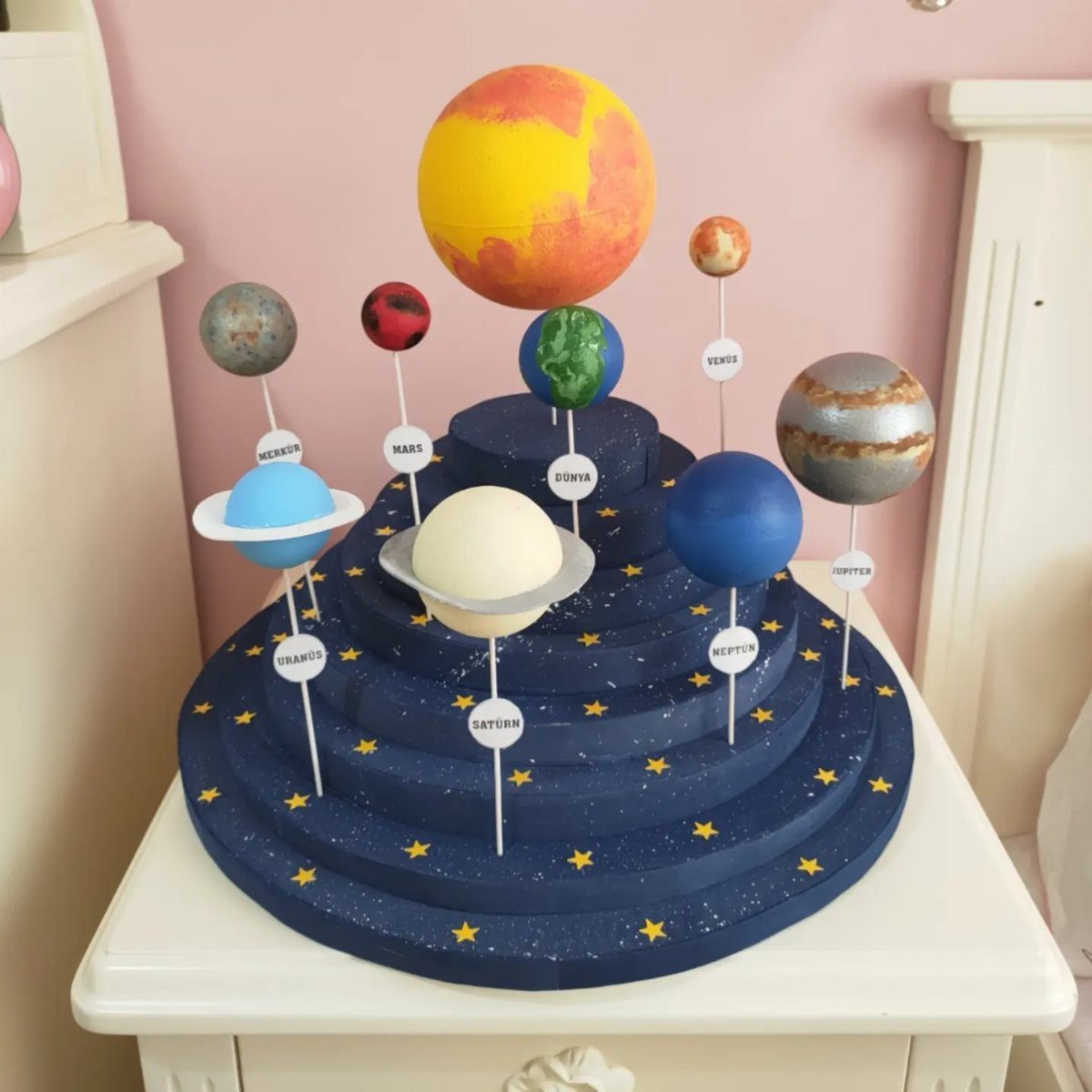 Handmade 3D solar system model with painted planets on a starry blue base.
