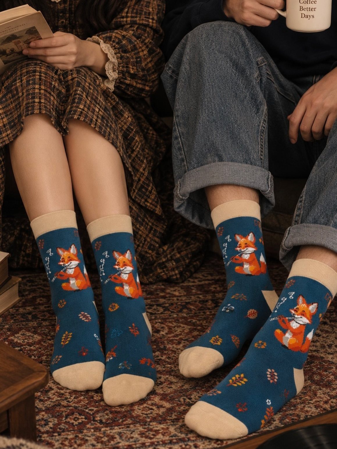 Two people wearing matching blue socks with orange fox patterns sitting on a rug