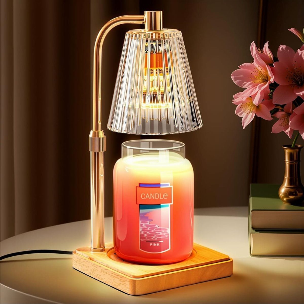 Gold candle warmer lamp with ribbed glass shade heating a pink scented candle.