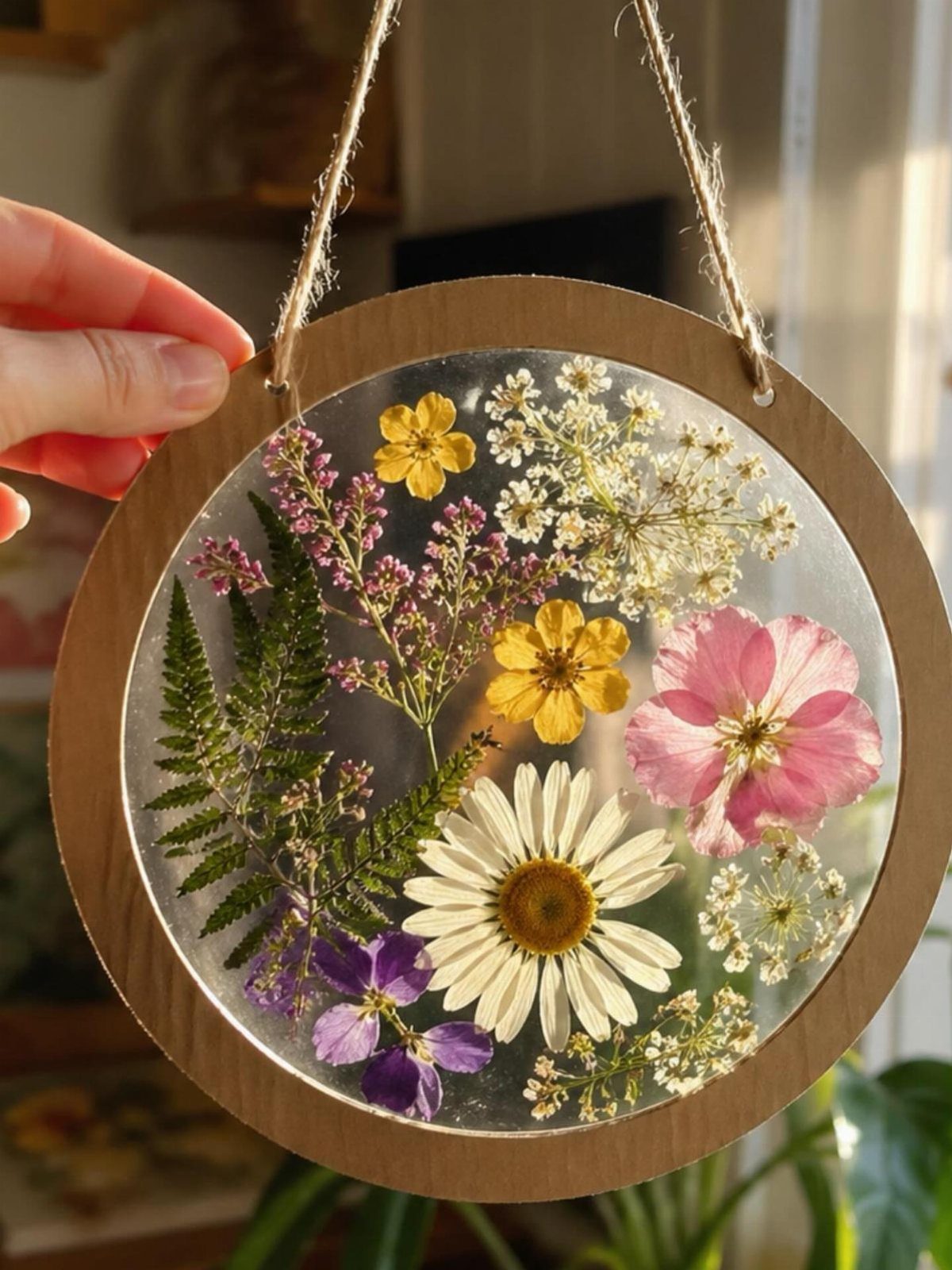 Circular wooden frame with pressed colorful flowers preserved in clear resin hanging by twine.