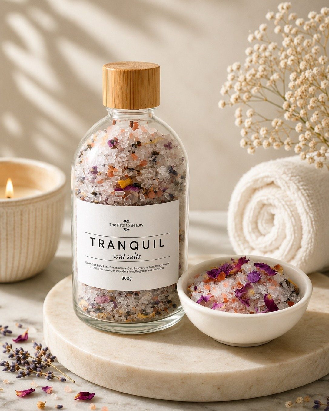 Glass jar and bowl of bath salts with dried petals and spa accessories.
