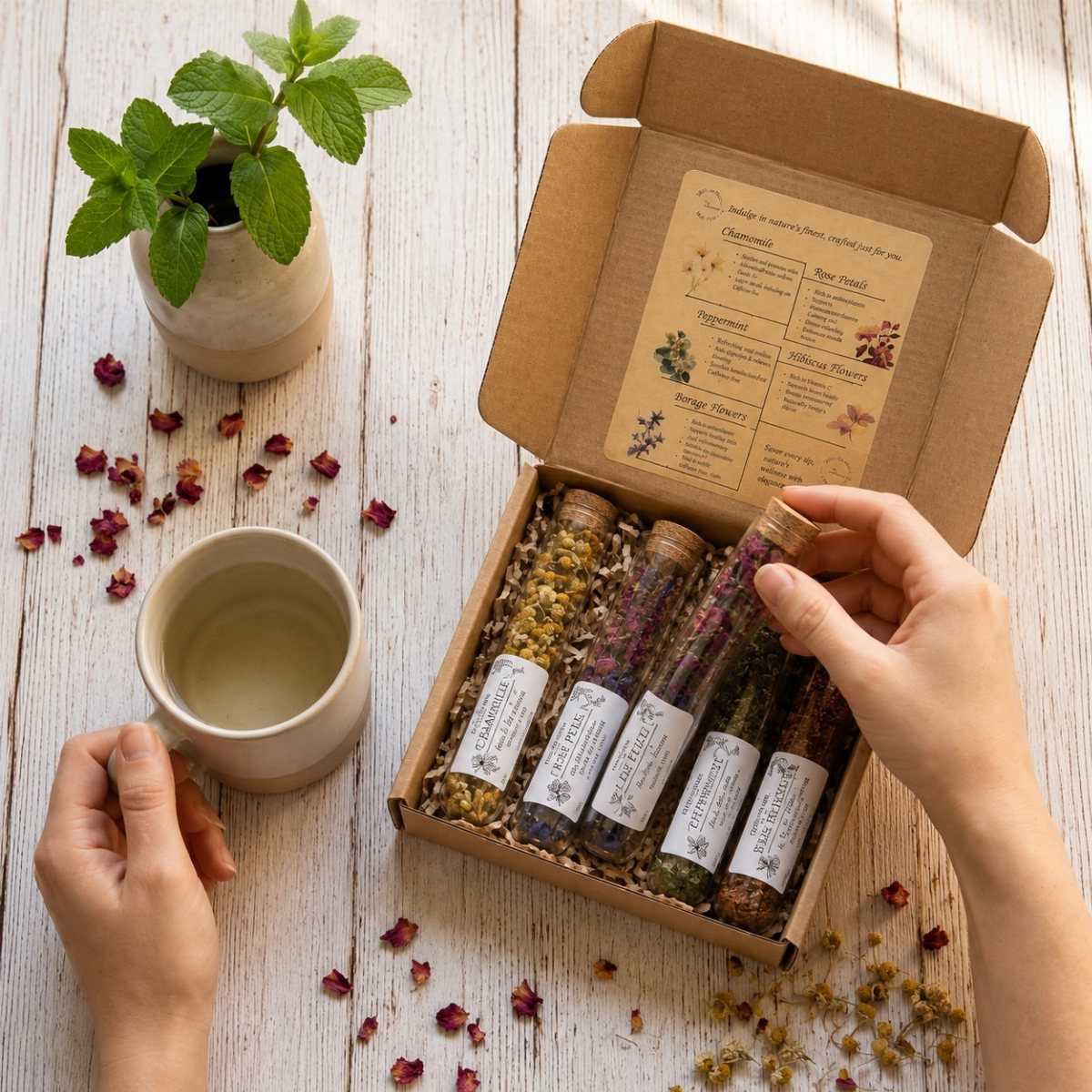 Gift box with glass vials of dried tea and a cup of tea