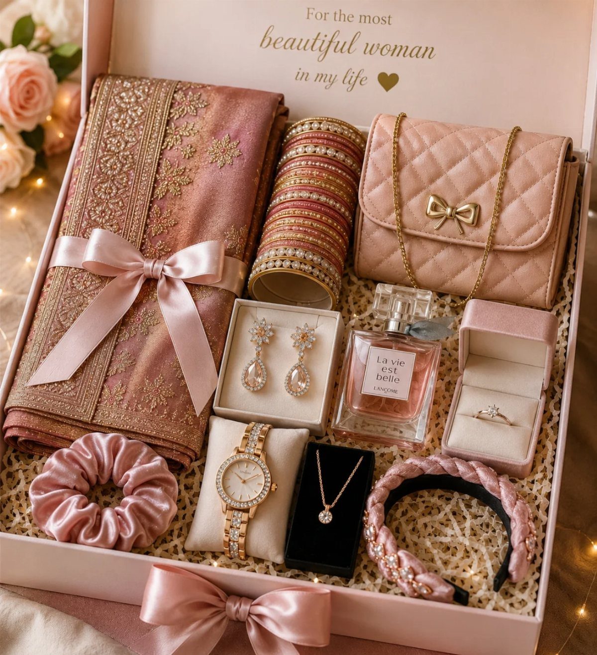 Pink gift box filled with jewelry, a handbag, perfume, and embroidered fabric.
