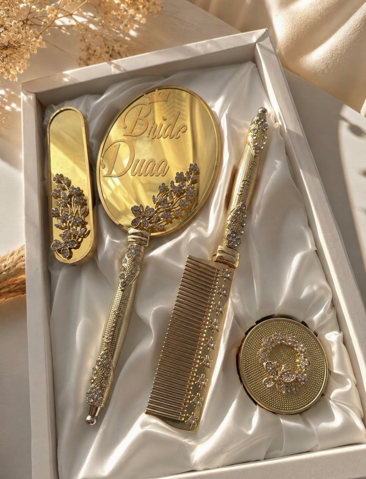 Gold bridal beauty set with mirror and comb in a white satin box