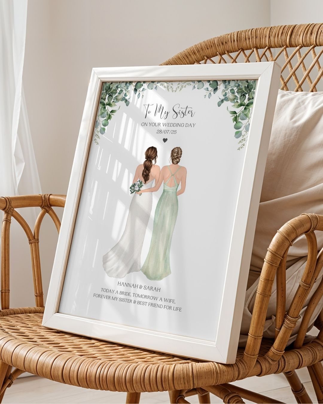 Framed illustration of a bride and bridesmaid leaning together with floral accents.