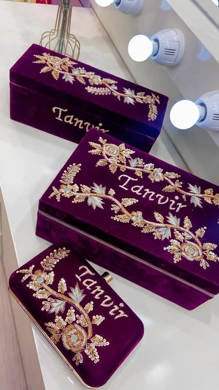 Purple velvet jewelry boxes with gold floral embroidery and personalized name Tanvir.