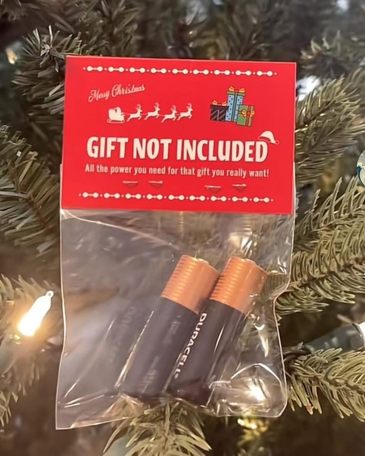 Two batteries in a gift package hanging on a green Christmas tree branch.
