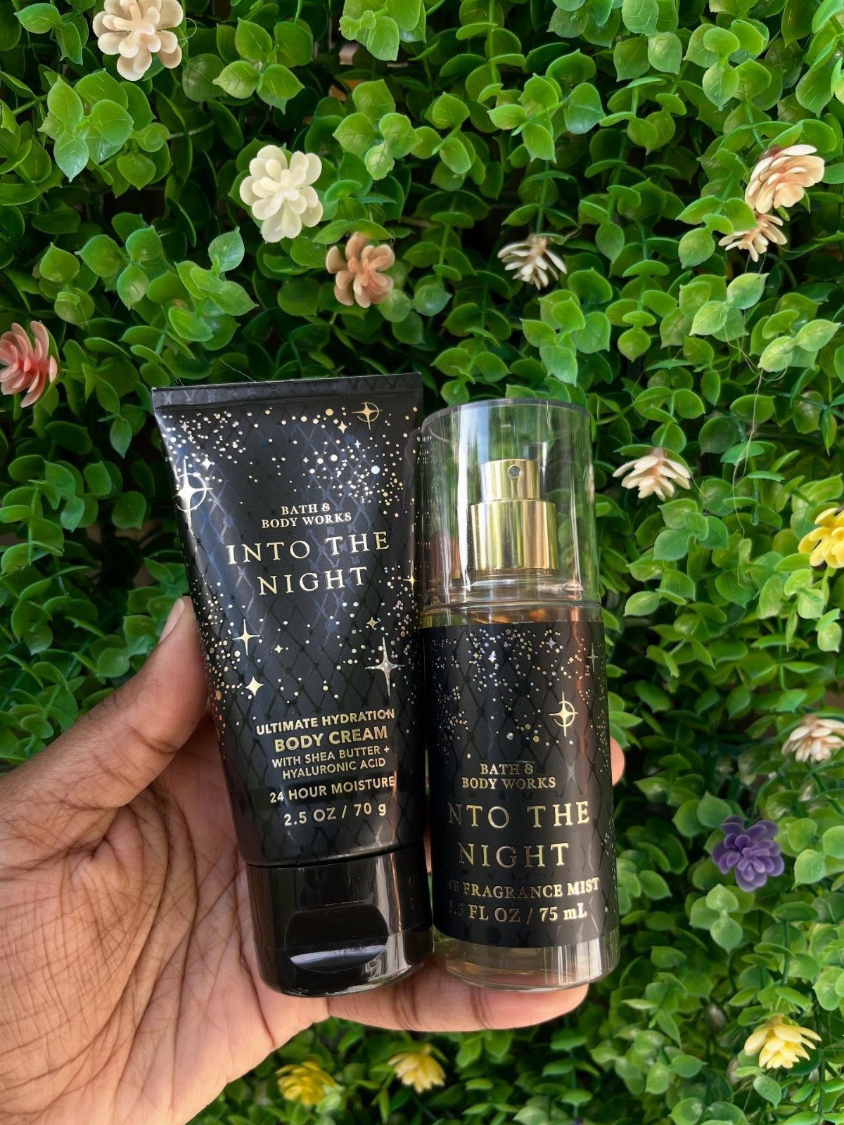 Bath and Body Works body cream and fragrance mist held against green leaves.