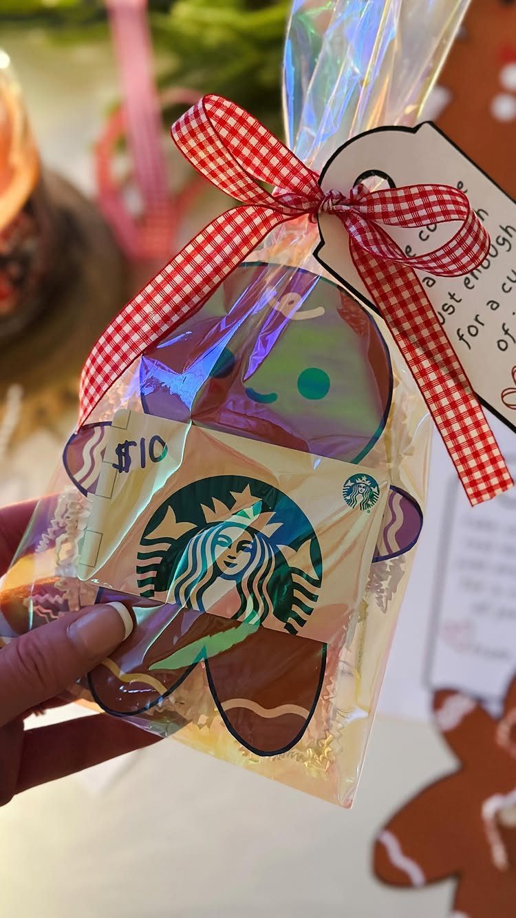 Starbucks gift card and thank-you tag inside a cellophane bag with checkered ribbon.