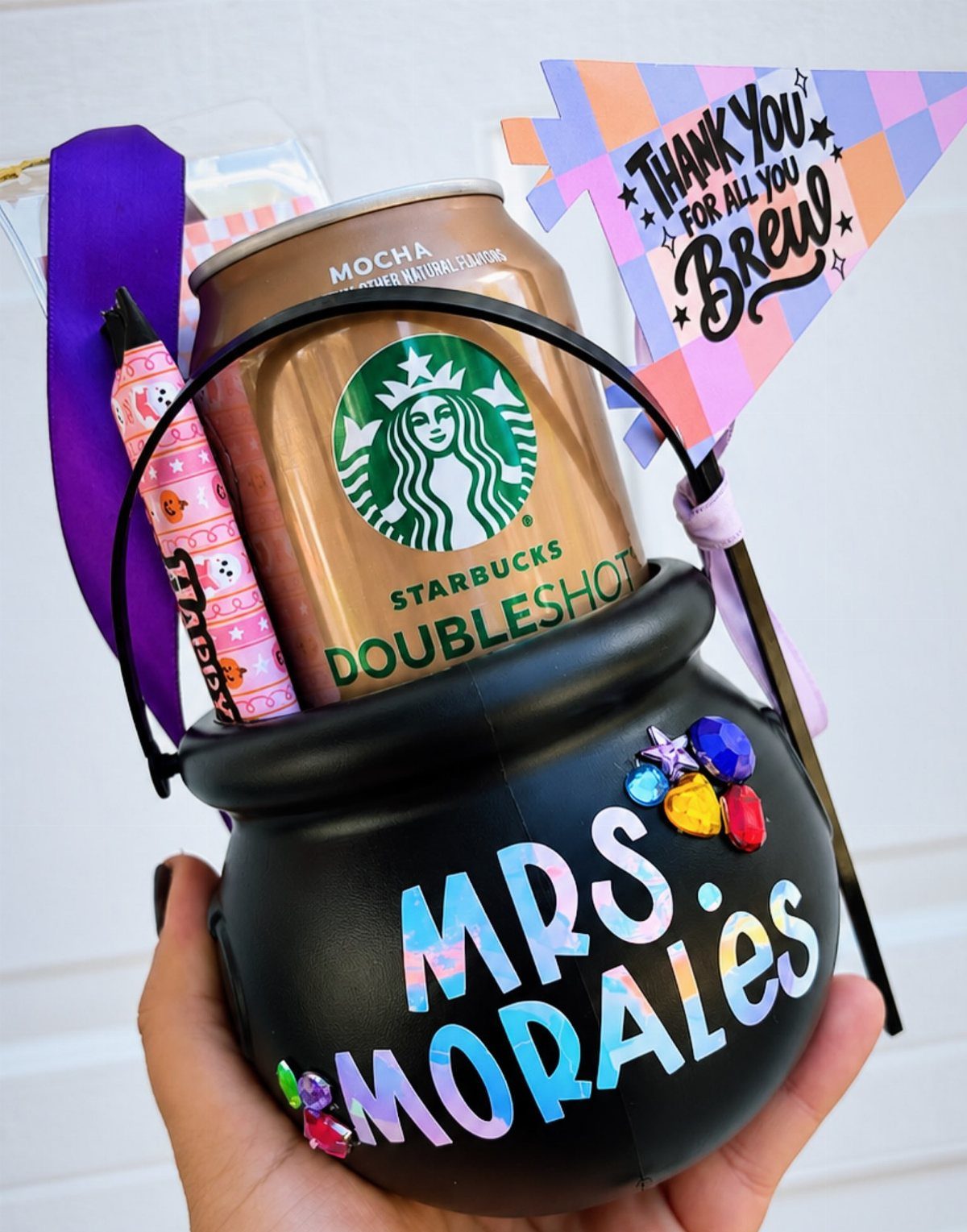 Coffee gift bucket for Mrs. Morales with Starbucks can and thank you sign