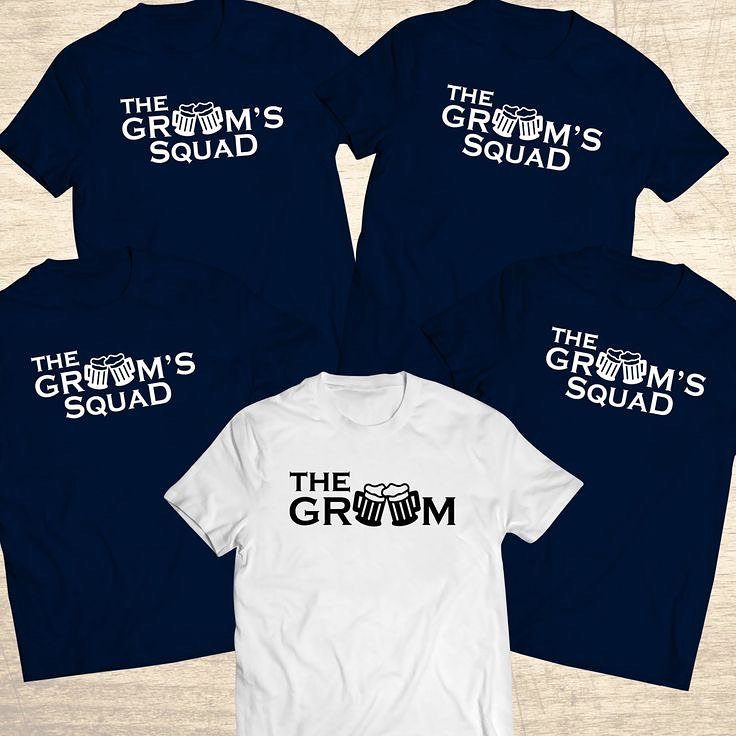 Five t-shirts for a groom and his squad with beer mug graphics.
