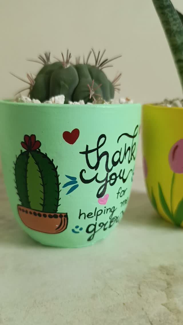 Green cactus pot with hand-painted thank you message and cactus illustration