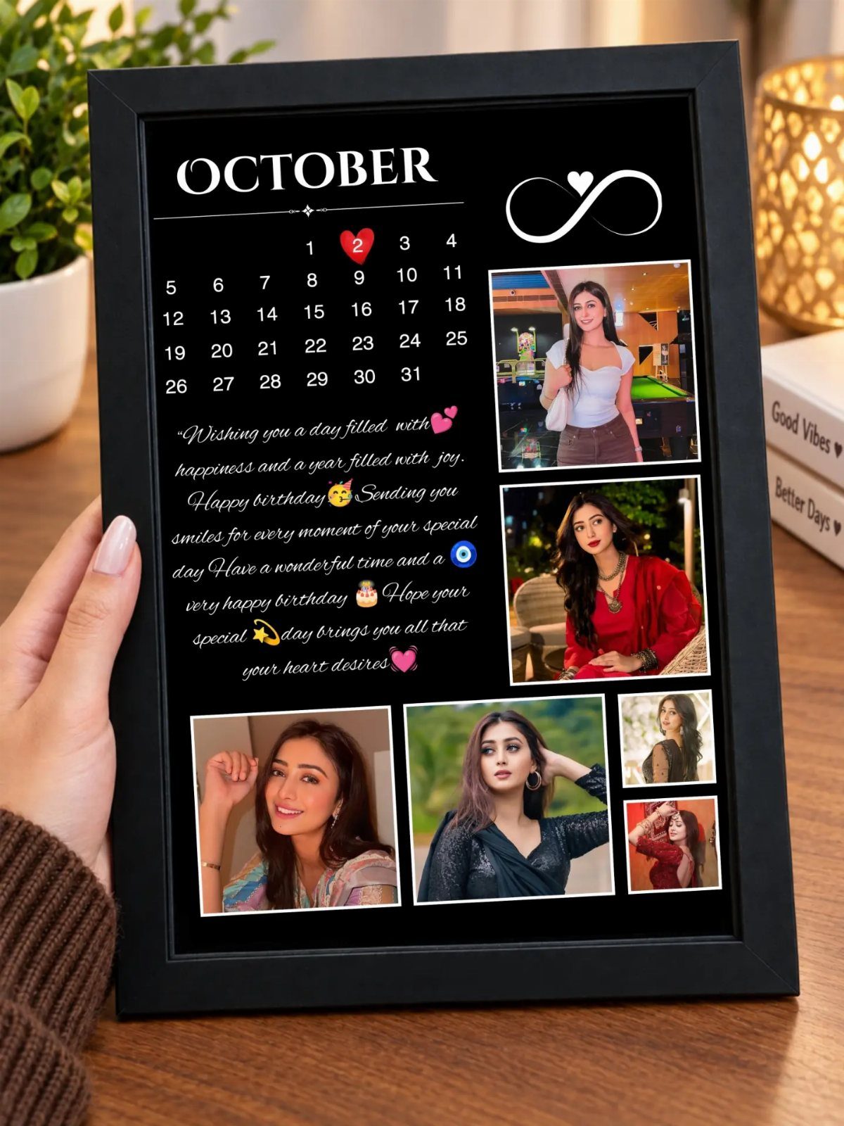 Personalized October calendar frame with birthday wishes and photos of a woman.