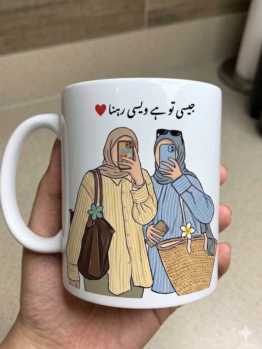 White ceramic mug featuring an illustration of two friends in hijabs taking selfies.