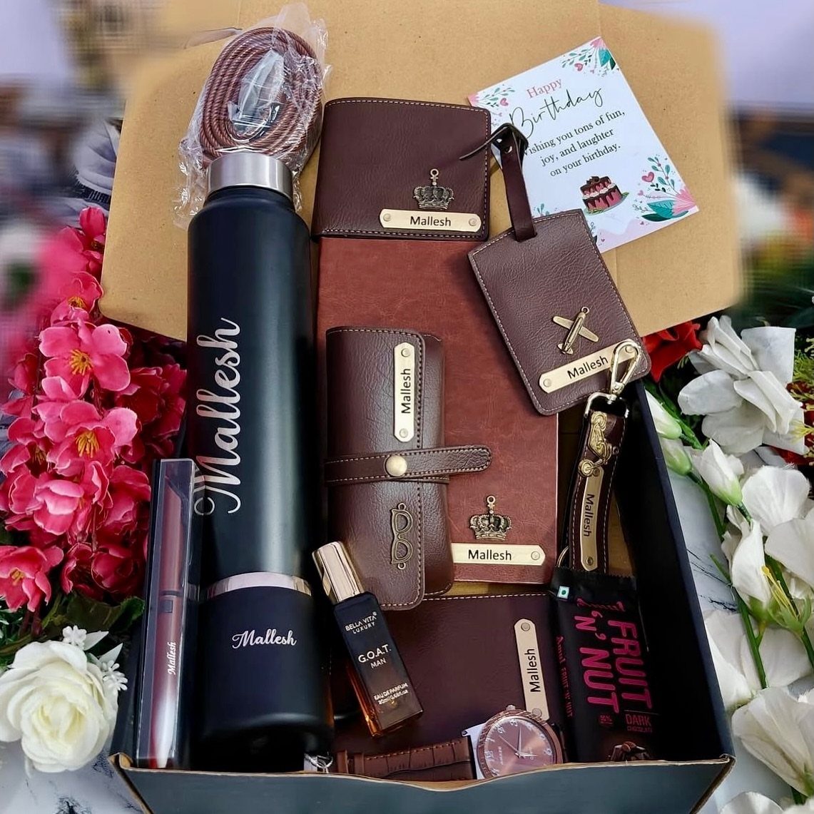 Personalized gift set for men in a box with leather goods and water bottle