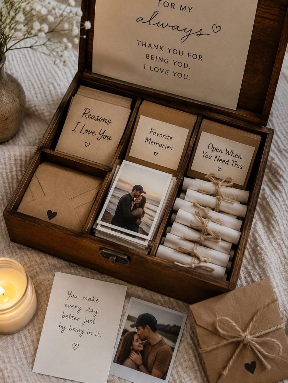 Wooden gift box filled with love notes, couple photos, and tied scrolls.