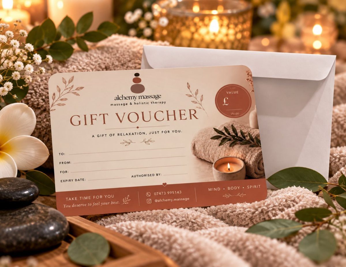 Massage gift voucher on a towel with spa stones, candles, and white flowers.