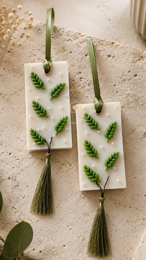 Two white wax sachets with green leaf accents and tassels on stone.