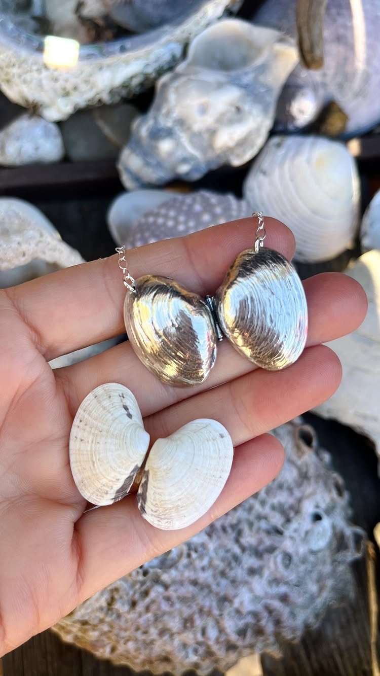 Silver shell necklace held in a hand alongside two small white natural seashells.