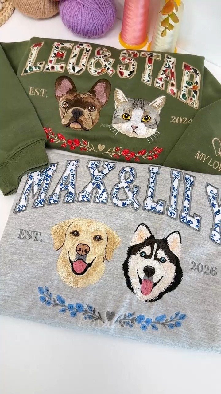 Custom embroidered hoodies featuring pet portraits and names in colorful stitching.
