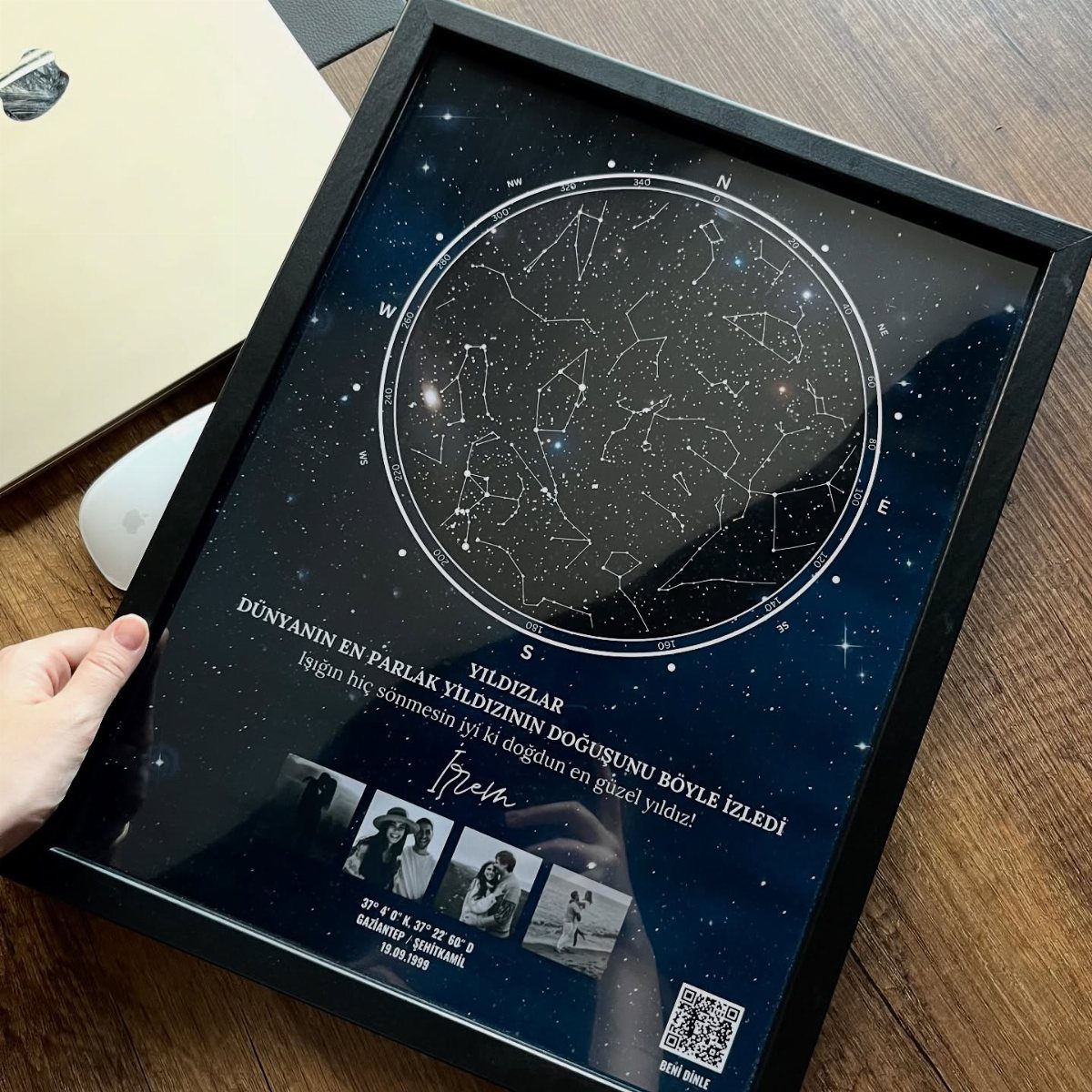 Framed personalized star map with constellations, photos, and text on a dark background.